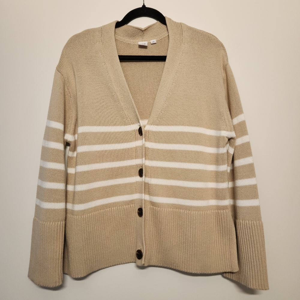 Gap Cotton Striped Cardigan XS Oversized Tan White Split-Hem Coastal Neutral
